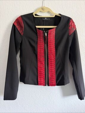 Black Polyester Jacket with Red Leather Accents -size 36/ xs